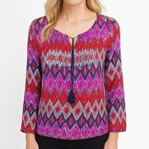 Ariat Sophia Blouse Multi Chevron Print Tassel Tie Peasant Western Boho Size M